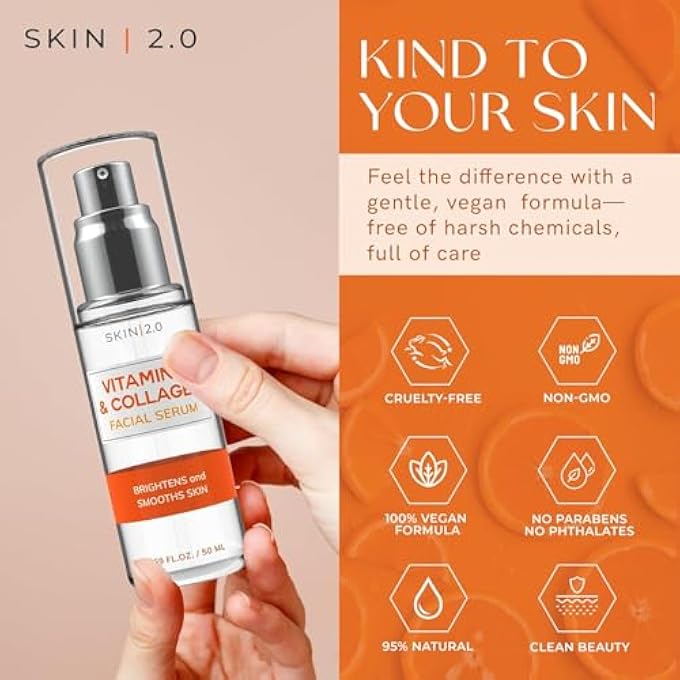 Skin 2.0 VITAMIN C SERUM WITH COLLAGEN - DERMATOLOGIST TESTED KOREAN CARE FOR DARK SPOTS & BRIGHTENING - ANTI AGING & ACNE FACIAL SERUM - CRUELTY FREE - FOR ALL TYPES - 1.69OZ (2PK) - Image 3